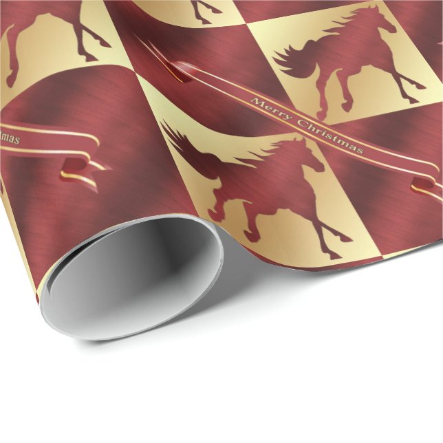 Gold and Wine Horse Merry Christmas Wrapping Paper (Roll Corner)
