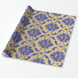 Gold And Zaffre Blue Classic Damask Wrapping Paper at Zazzle