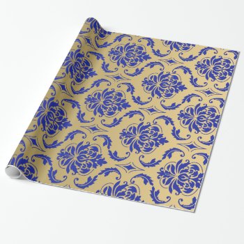 Gold And Zaffre Blue Classic Damask Wrapping Paper by DamaskGallery at Zazzle