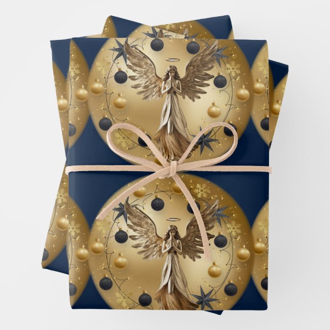 Gold Angel Blue Black Christmas Wreath Wrapping Paper Sheets (In situ)