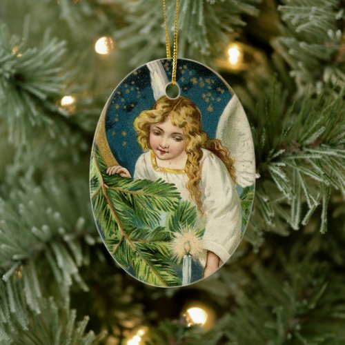 Gold Angel Christmas Night Vintage Holiday Custom  Ceramic Ornament