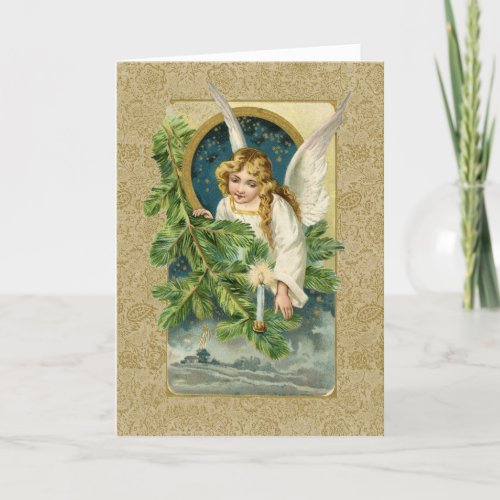 Gold Angel Merry Christmas Night Vintage Holiday