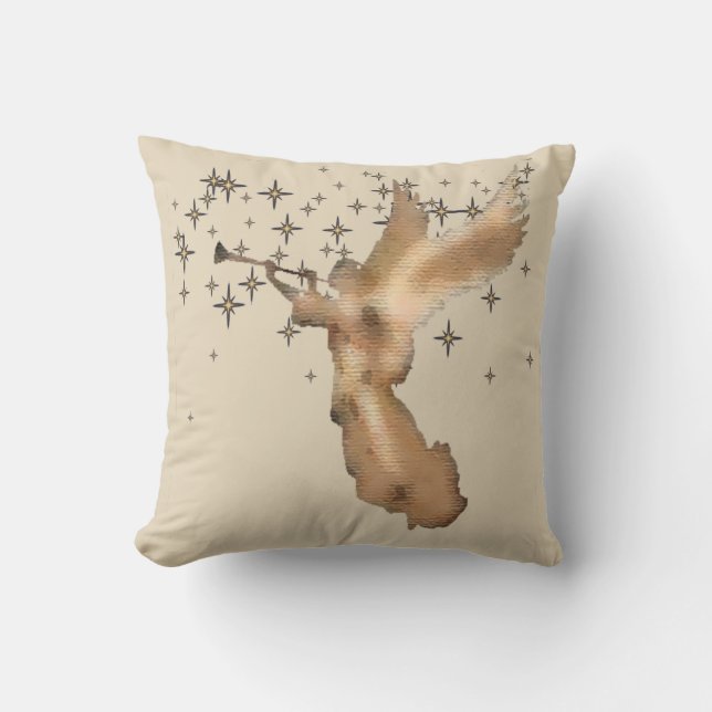 Gold Angel & Stars Christmas Art Throw Pillow (Front)