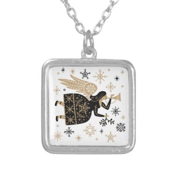 Gold Angel Stars Christmas Carol Folkart  Silver Plated Necklace by countrymousestudio at Zazzle