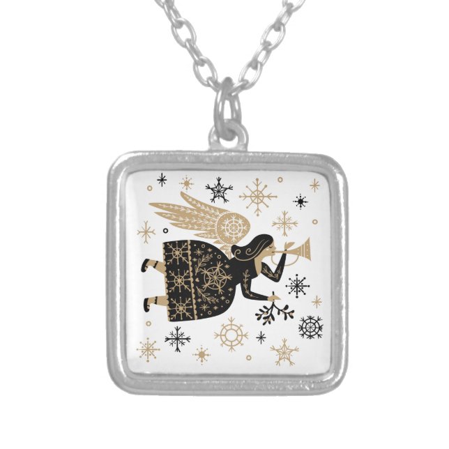 Gold Angel Stars Christmas Carol Folkart  Silver Plated Necklace (Front)