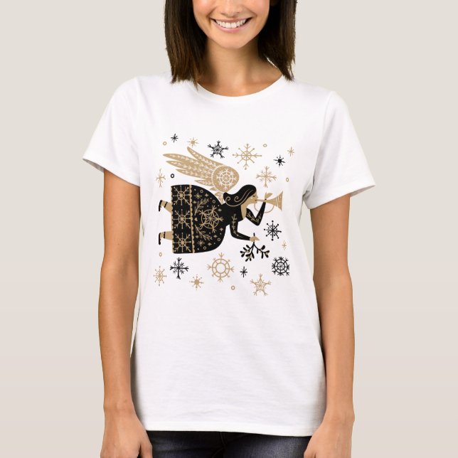 Gold Angel Stars Christmas Carol Folkart  T-Shirt (Front)