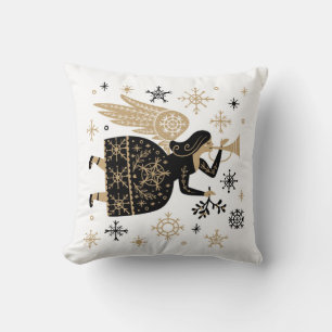 Gold Angel Stars Christmas Carol Folkart Throw Pillow