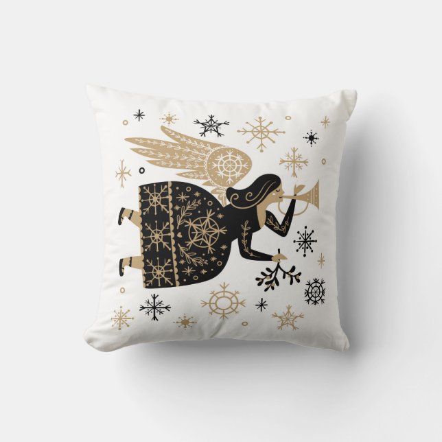 Gold Angel Stars Christmas Carol Folkart Throw Pillow (Front)