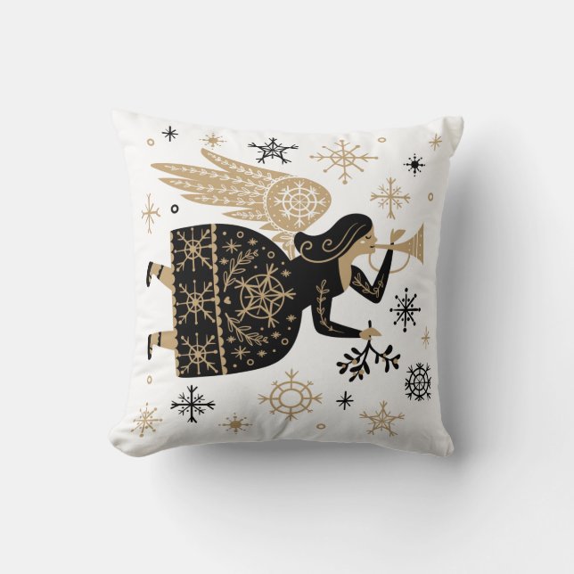 Gold Angel Stars Christmas Carol Folkart  Throw Pillow (Front)