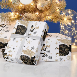 Gold Angel Stars Christmas Carol Folkart Wrapping Paper