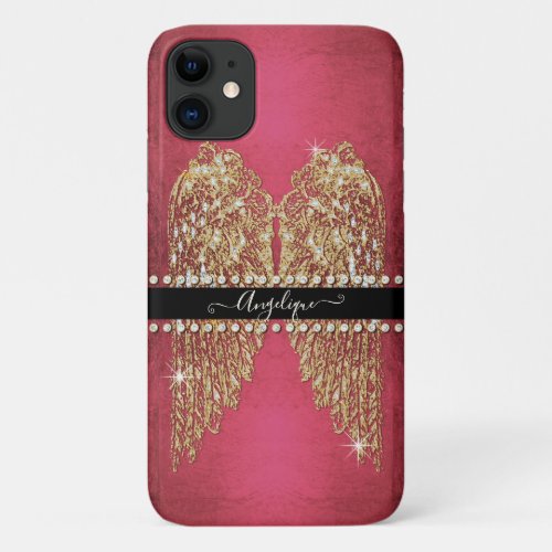 Gold Angel Wings Hot Pink Foil Look Diamond Jewels iPhone 11 Case
