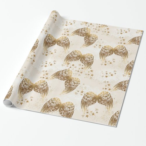 Gold Angel Wings  Stars Gift Wrap Paper