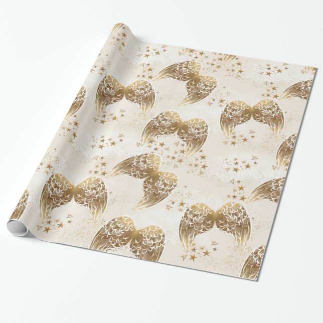 Gold Angel Wings & Stars Gift Wrap Paper (Unrolled)