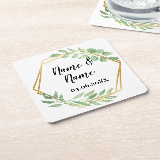 Gold Angular Frame Leaves Coasters Wedding Party (Angled)