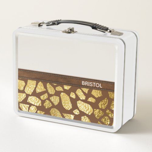 Gold Animal Print Faux Leather Personalized Metal Lunch Box