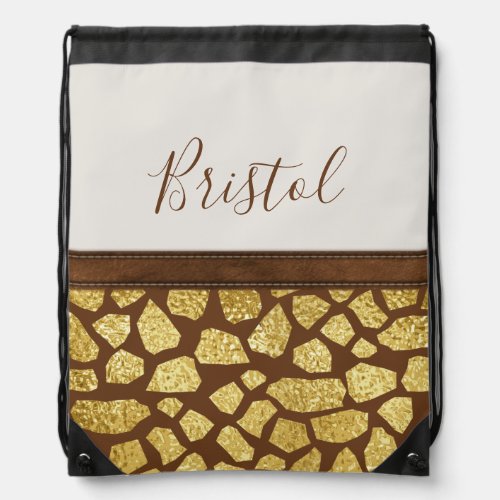 Gold Animal Print Faux Leather Trim Personalized Drawstring Bag