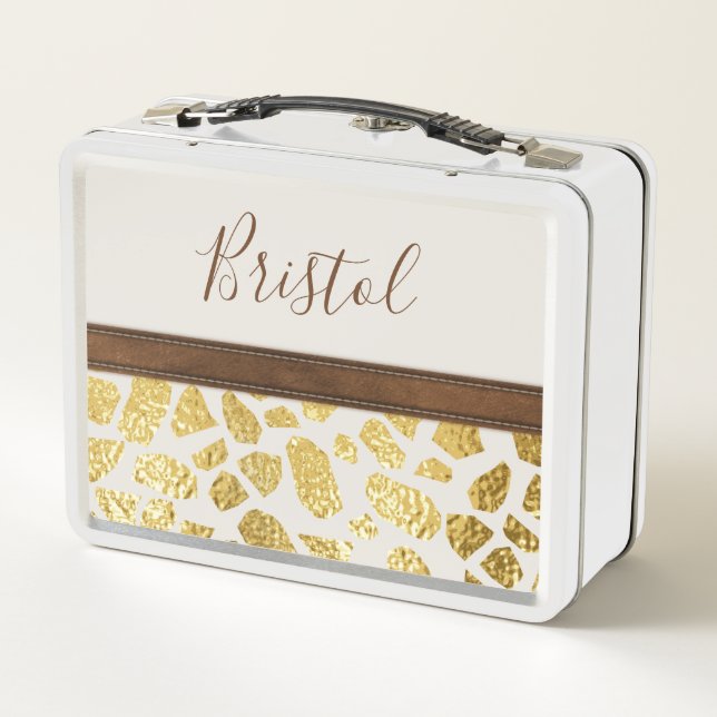 Gold Animal Print Faux Leather Trim Personalized Metal Lunch Box (Back)