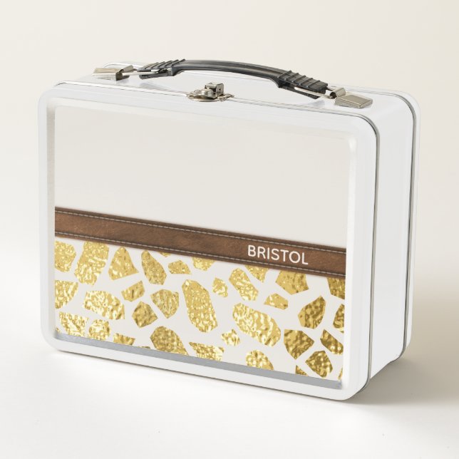 Gold Animal Print Faux Leather Trim Personalized Metal Lunch Box (Front)