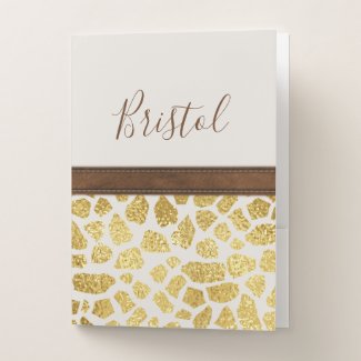 Gold Animal Print With Faux Leather Trim And Name Pocket Folder