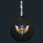 Gold Ankh with Wings Pet ID Tag<br><div class="desc">Golden Egyptian ankh with patterned, shiny wings on a black background. Magic symbol.</div>