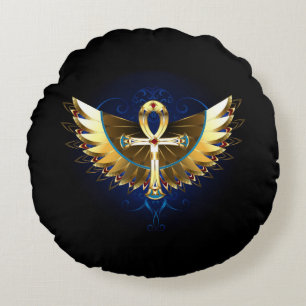 Gold Ankh with Wings Round Pillow