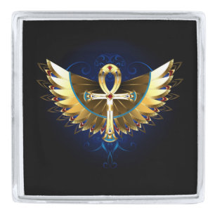 Gold Ankh with Wings Silver Finish Lapel Pin