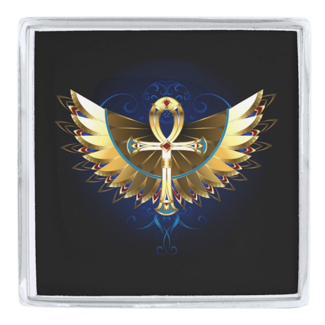 Gold Ankh with Wings Silver Finish Lapel Pin (Front)