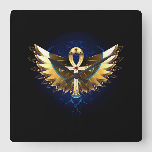 Gold Ankh with Wings Square Wall Clock (Front)