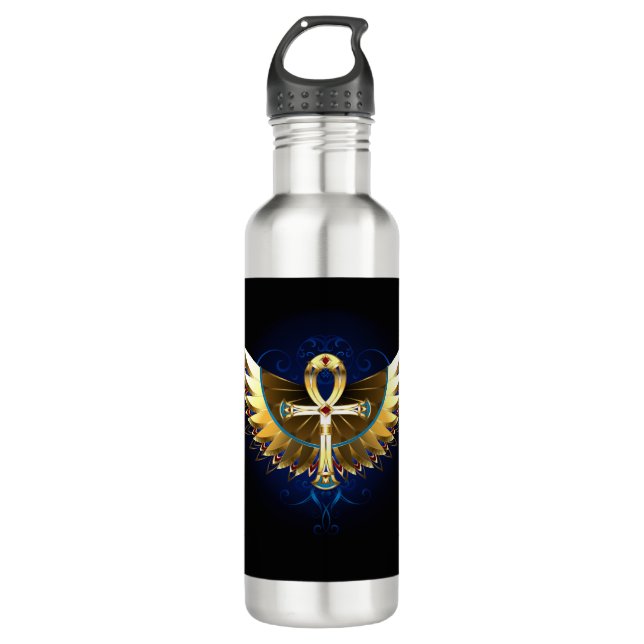 Gold Ankh with Wings Stainless Steel Water Bottle (Front)