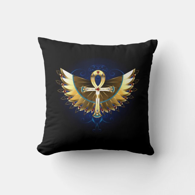 Gold Ankh with Wings Throw Pillow (Front)