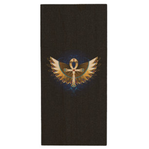 Gold Ankh with Wings Wood Flash Drive