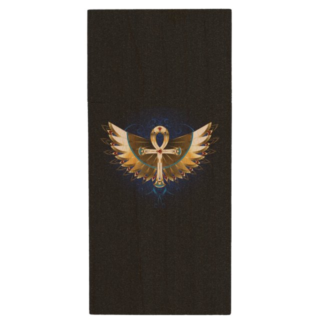 Gold Ankh with Wings Wood Flash Drive (Front Vertical)
