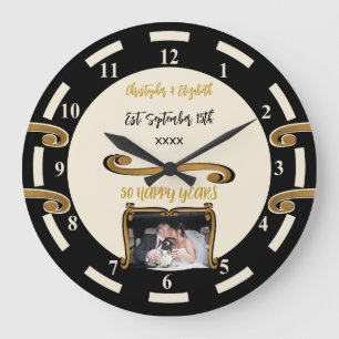 Gold Anniversary 50 years add names photo black Large Clock