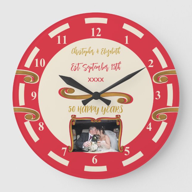 Gold Anniversary 50 years add names photo red Large Clock (Front)