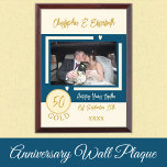 Gold Anniversary 50 years photo names blue Award Plaque<br><div class="desc">Gold anniversary keepsake wood plaque.
A gift for the happy couple celebrating 50 years together.
Add a photo,  names and the established date / year.
Gold,  ivory and blue with love hearts.</div>