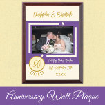 Gold Anniversary 50 years photo names purple Award Plaque<br><div class="desc">Gold anniversary keepsake wood plaque.
A gift for the happy couple celebrating 50 years together.
Add a photo,  names and the established date / year.
Gold,  ivory and purple with love hearts.</div>