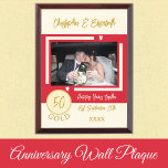 Gold Anniversary 50 years photo names red Award Plaque<br><div class="desc">Gold anniversary keepsake wood plaque.
A gift for the happy couple celebrating 50 years together.
Add a photo,  names and the established date / year.
Gold,  ivory and red with love hearts.</div>