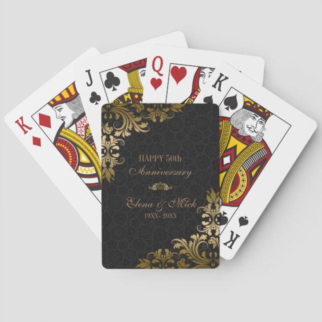 Gold Anniversary- Black Damask Gold Swirls Poker Cards (Back)