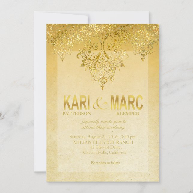 Gold & Antique Ivory Gatsby Glitter Flourish Invitation (Front)