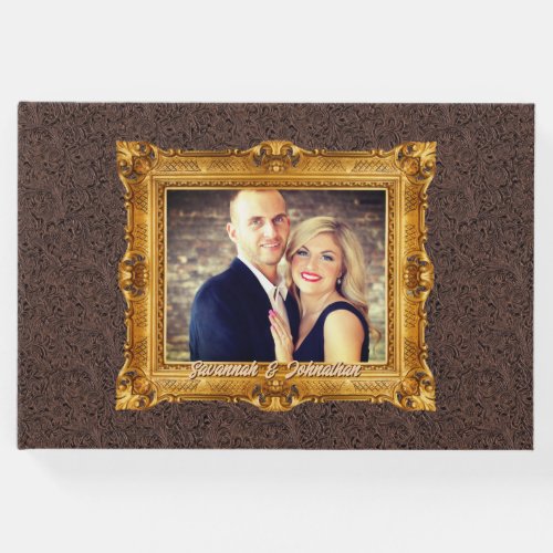 Gold antique leather picture frame couples photo guest book