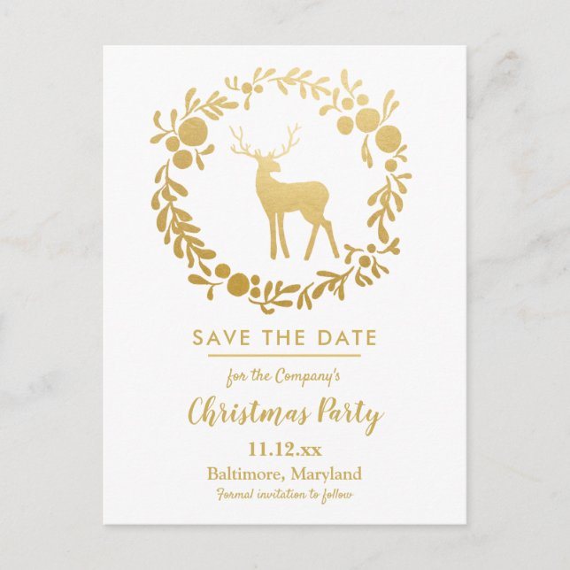 Gold Antler Christmas | Wreath Holiday Party Announcement Postcard (Front)