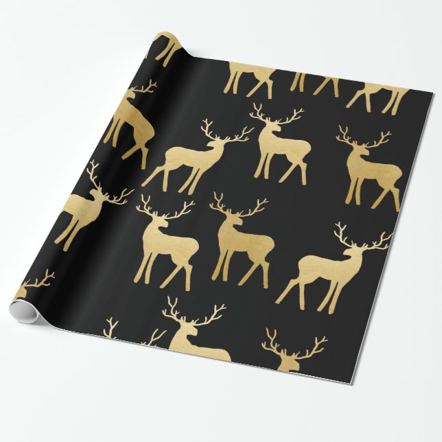 Gold Antler Reindeer Holiday Elegant Black Wrapping Paper (Unrolled)