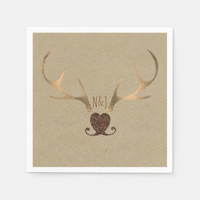 Gold Antlers & Brown Paper Rustic Wedding Paper Napkins (Front)