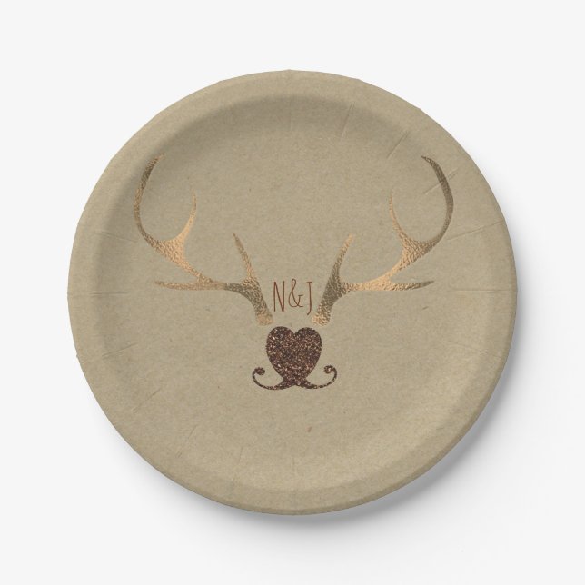 Gold Antlers & Brown Paper Rustic Wedding Paper Plates (Front)