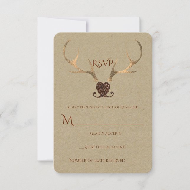 Gold Antlers & Brown Paper Rustic Wedding RSVP (Front)