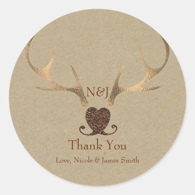 Gold Antlers & Brown Paper Wedding Favor Classic Round Sticker (Front)