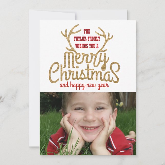 Gold Antlers Holiday Photo Card (Front)