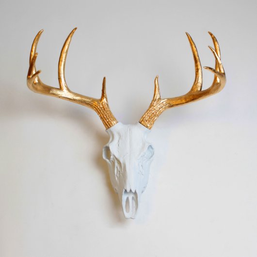 Gold Antlers on White Faux Deer Skull (Front)