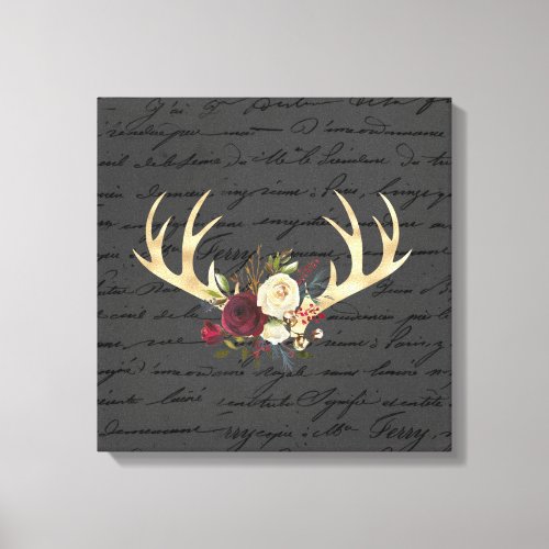 Gold Antlers WFlowers on Vintage Background  Canvas Print