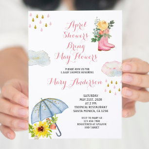 Gold April Showers Bring May Flowers Baby Shower Invitation